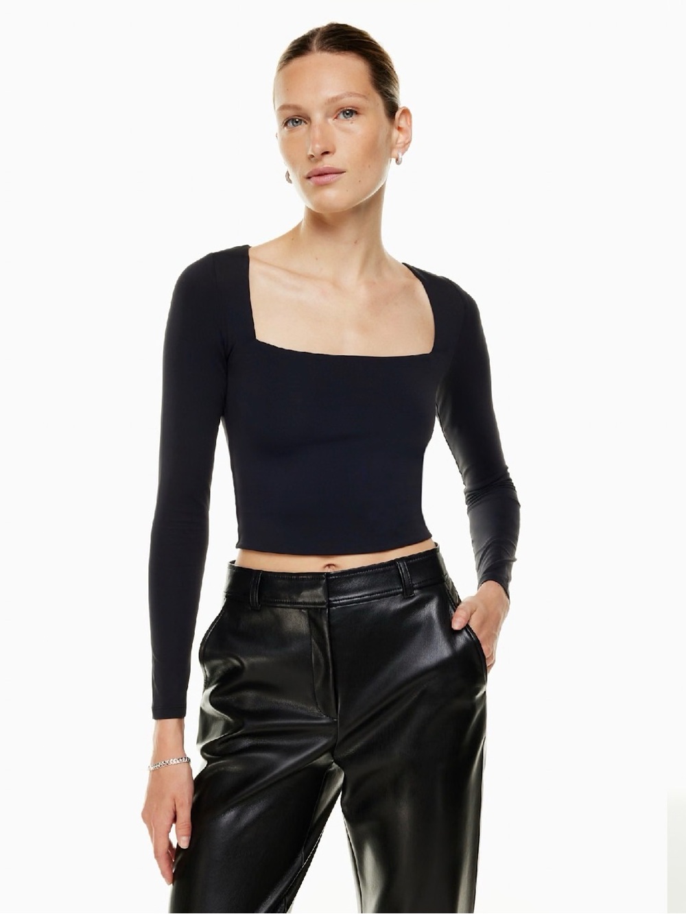 Babaton Black Long-Sleeve Square Neck Contour Crop Top